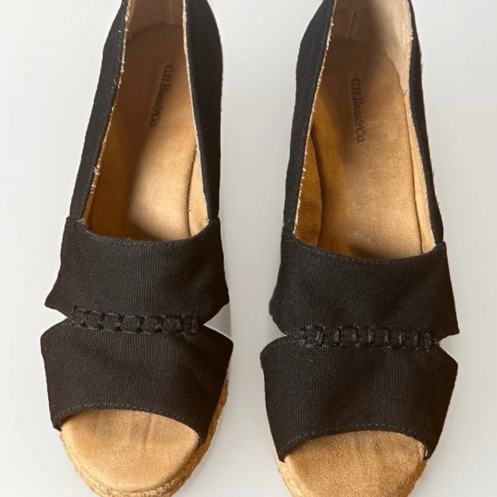 (7.5) GH BASS & CO "ANDI" Peep Toe Black Canvas Espadrille Shoes - Picture 2 of 9